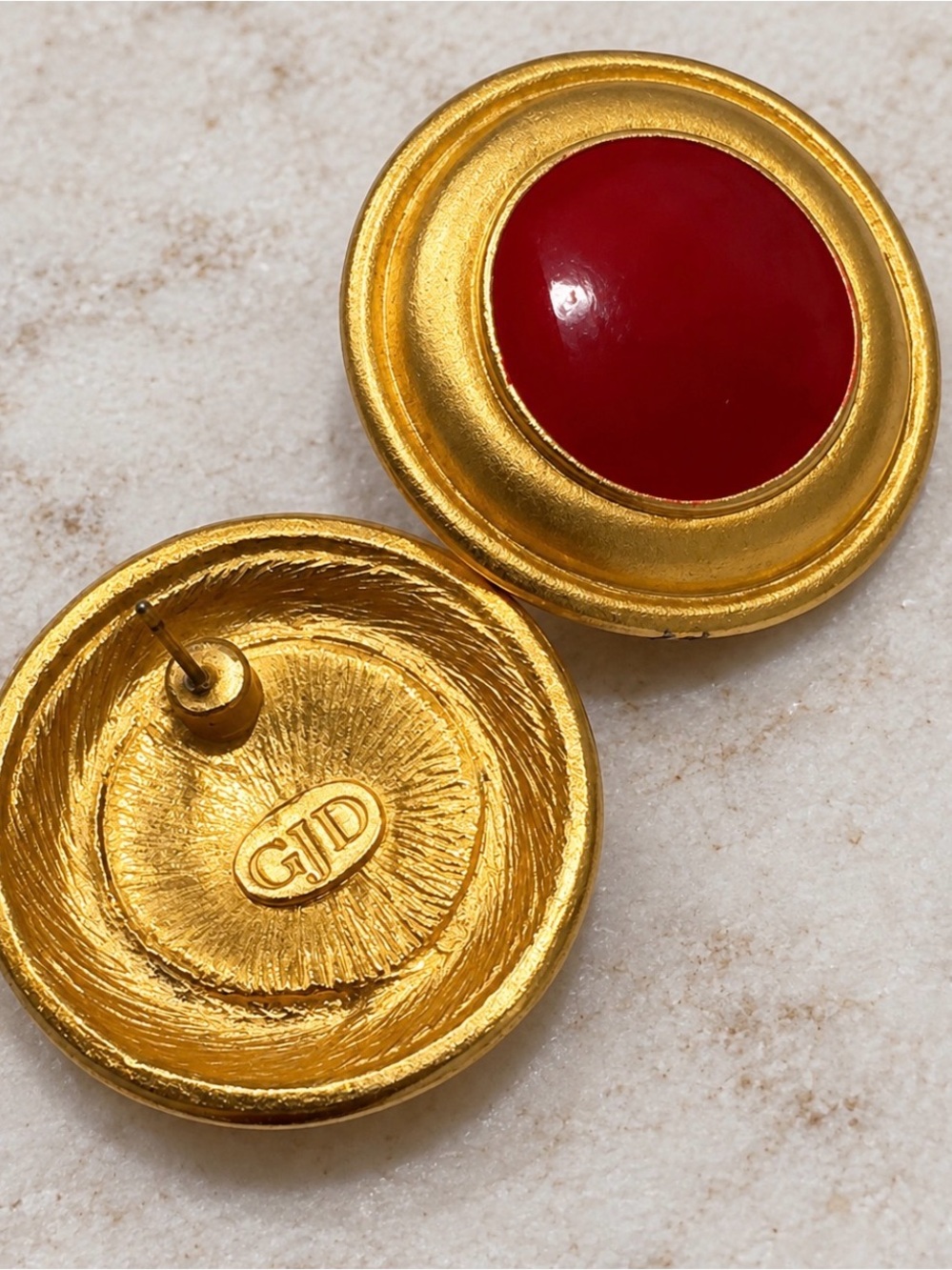 1980s Ginnie Johansen Designs GJD Heavy Red Enamel Button Stud Earrings